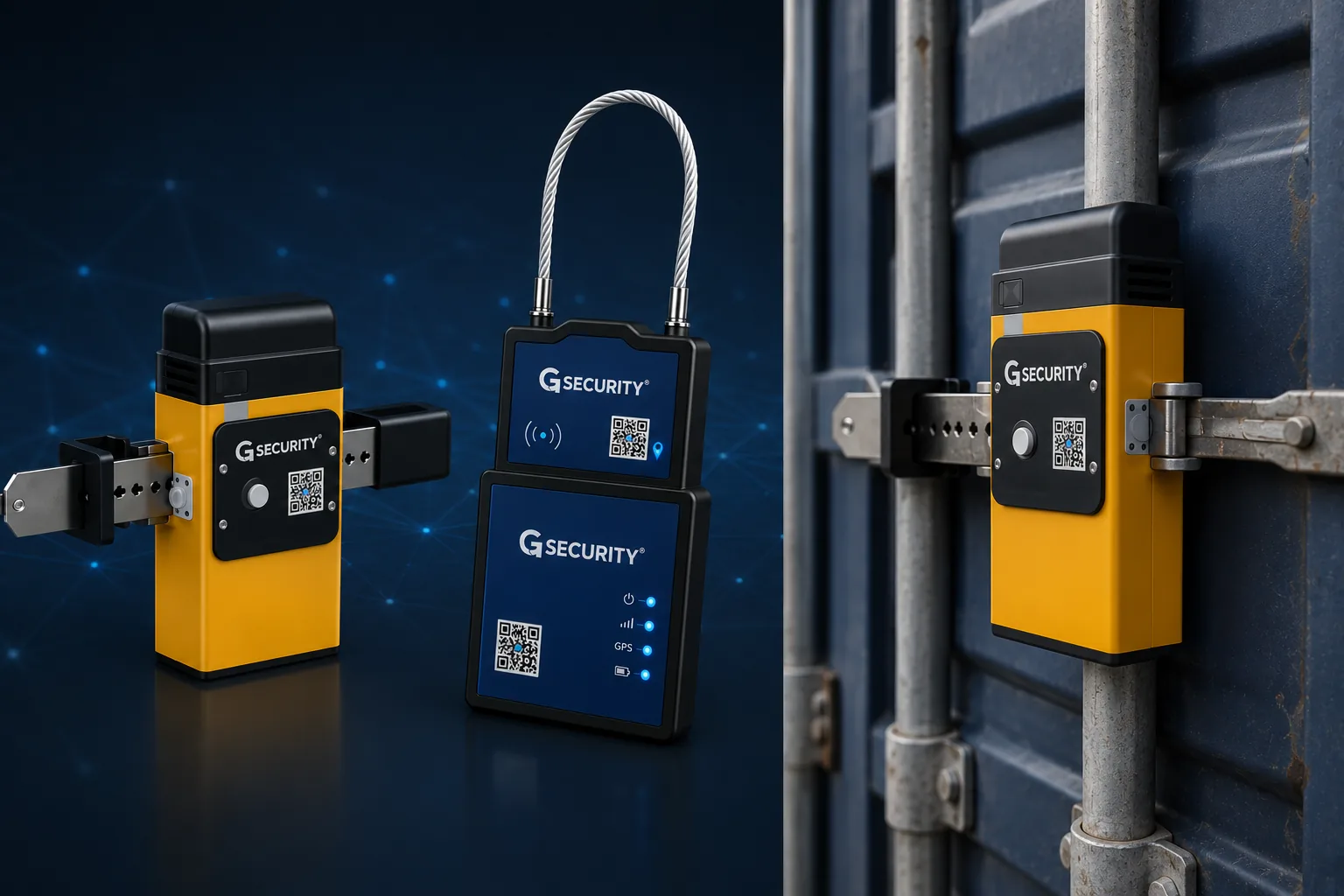 Marchamo electrónico satelital de GSecurity sellando las puertas de un contenedor de carga