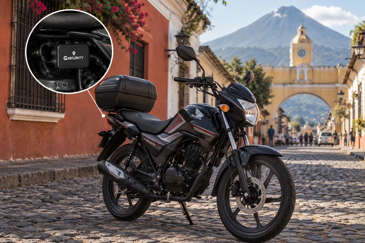 Moto en Antigua Guatemala con GPS GSecurity instalado oculto bajo el asiento