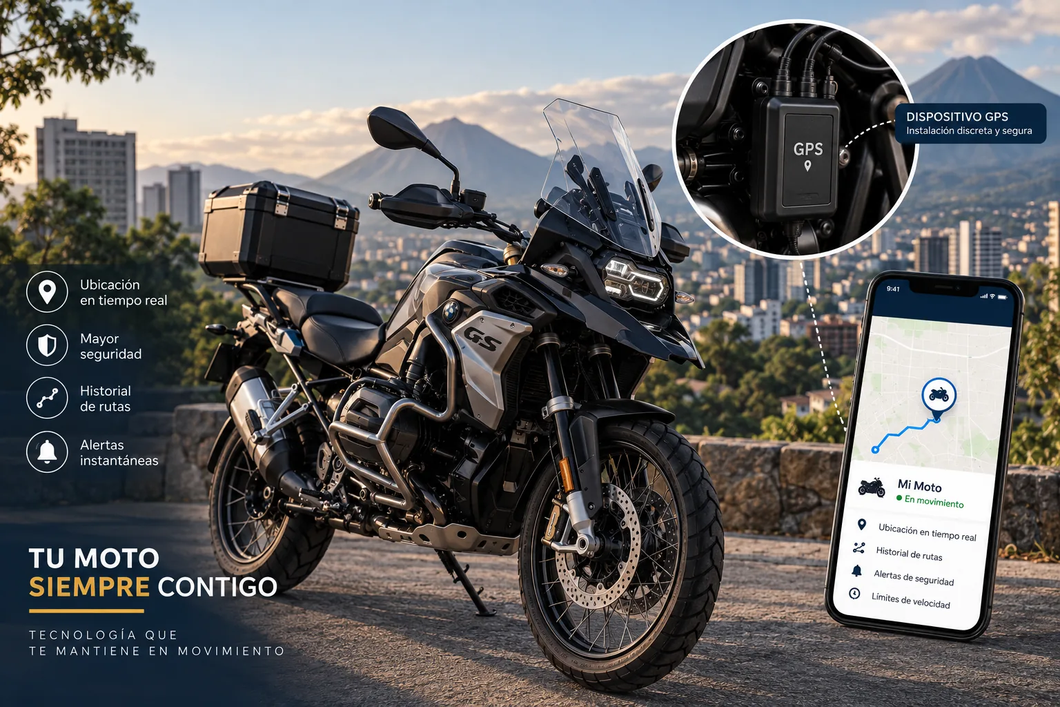 Ubicación de la moto en tiempo real desde la app: dispositivo GPS oculto, historial de rutas y alertas instantáneas