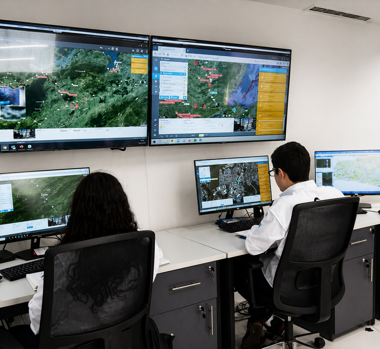 Cabina de monitoreo 24/7 de GSecurity con operadores observando flotas en tiempo real